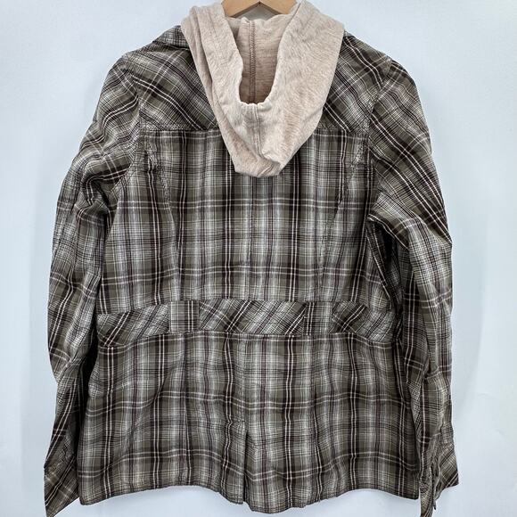 MAURICES Fall Jacket Brown Green Plaid Button Front Hooded Womens Size 0 Small - Picture 2 of 9